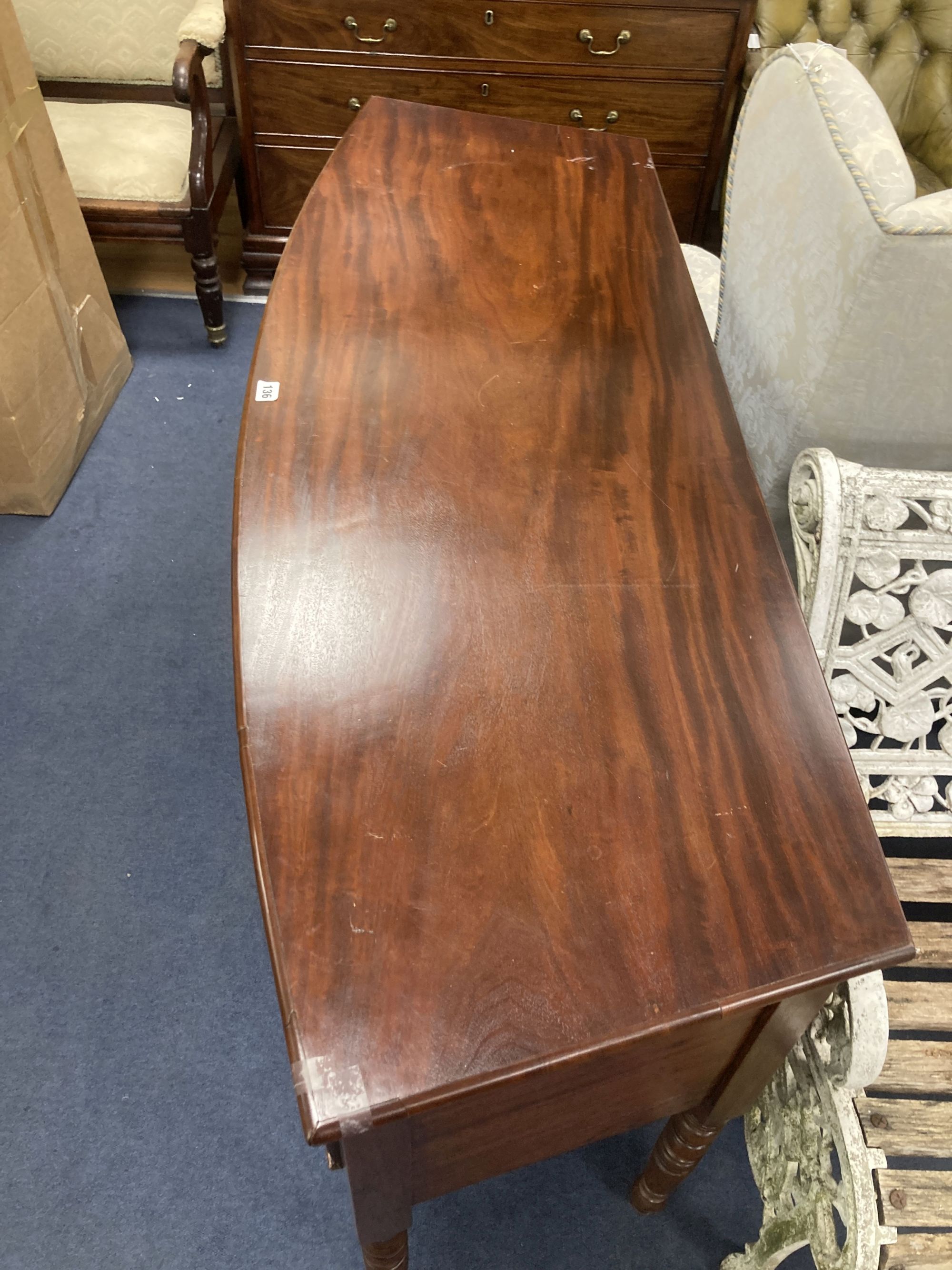 A Regency mahogany bowfront sideboard, width 145cm depth 51cm height 82cm